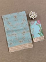 Baby Blue Muslin allover embroidered Saree with pichwai printed blosue