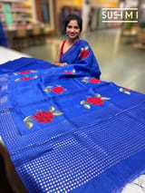 Royal Blue Muslin Saree with Pocket Sequins & Hibiscus Embroidery