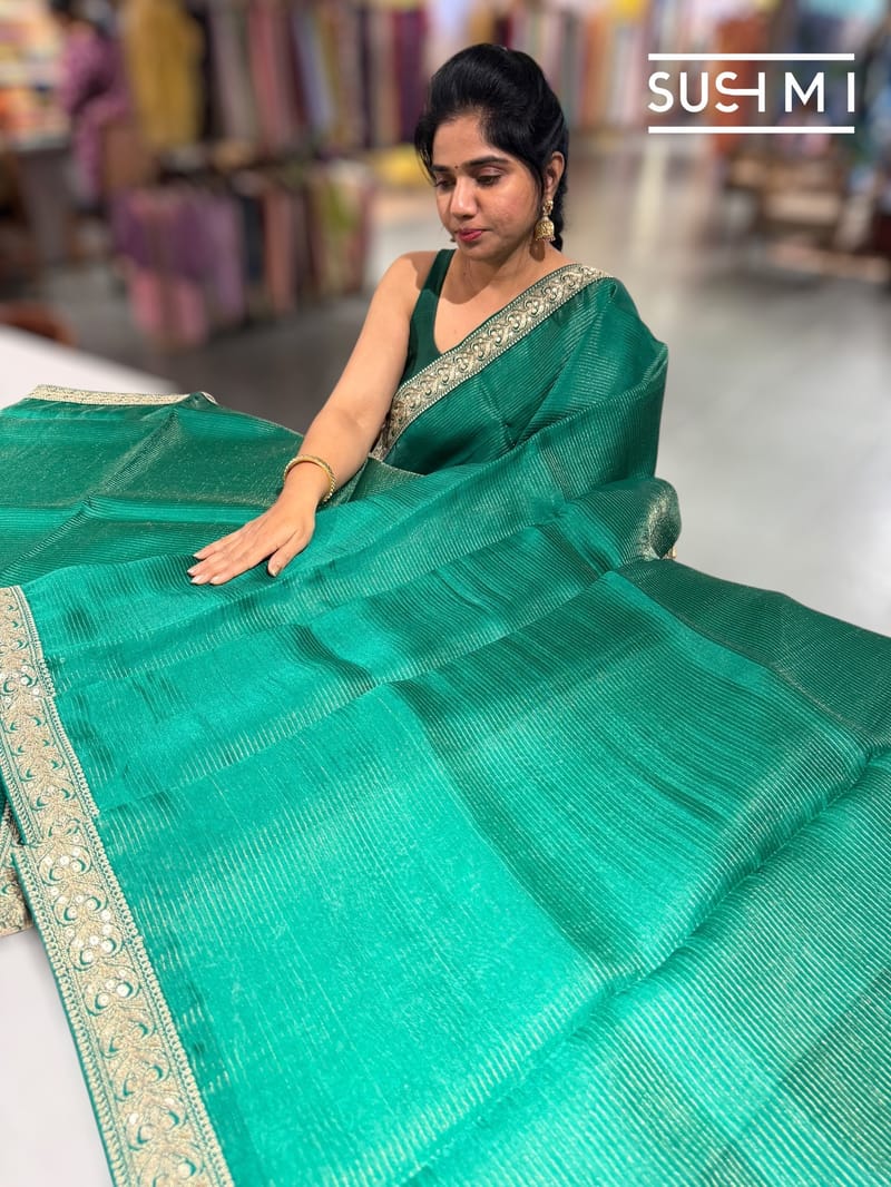Emerald Green Organza Saree with sabhyasachi borders S62117