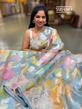 Powder Blue Printed Organza Tissue stripes saree with embroidery