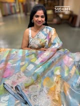 Powder Blue Printed Organza Tissue stripes saree with embroidery