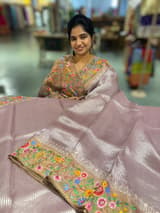 Lilac Tissue Stripes Saree with petite point Embroidered tissue border and blouse