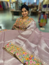 Lilac Tissue Stripes Saree with petite point Embroidered tissue border and blouse