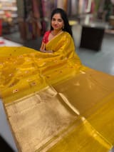 Yellow Gold Handloom Banarasi Tissue with meenakari sona rupa flower motifs