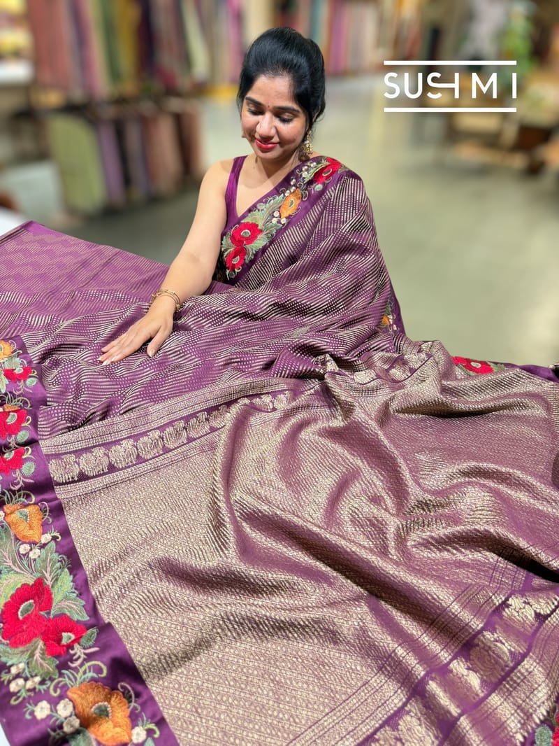 Wine Mysore silk with embroidered border S62F062