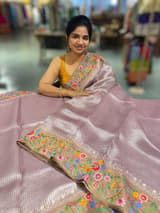 Lilac Tissue Stripes Saree with petite point Embroidered tissue border and blouse