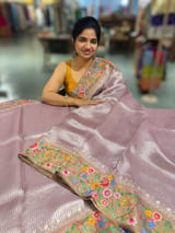 Lilac Tissue Stripes Saree with petite point Embroidered tissue border and blouse