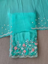 Seagreen pure chinnon saree