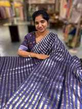 Purplish Blue Handloom Mul Tissue Stripes Saree with fusion blouse SS50408
