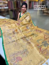 Golden Yellow Banarasi printed Tissue saree with handwork S62F056