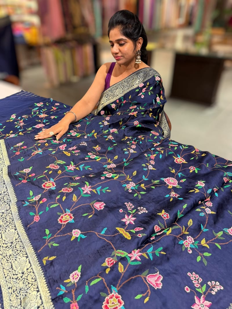 Midnight Blue Mashru Banaras with petite Point embroidery SS5005