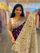 Brinjal Pure Mashru Satin Saree with embroidery