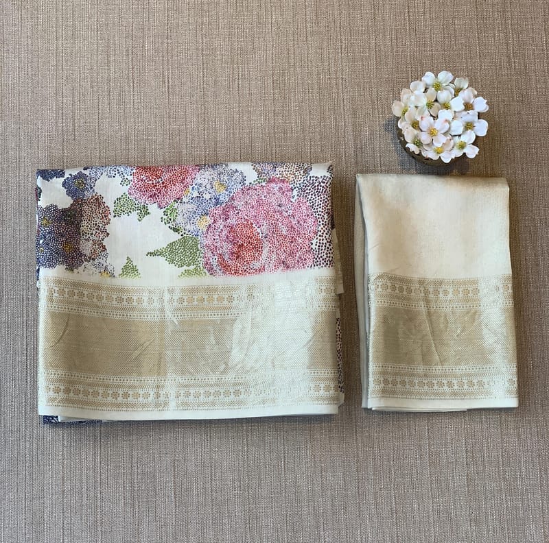 Ivory Pure Handloom Chiniya Silk Saree with stunning 3D Floral Print and zari borders SS50101
