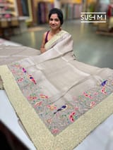 Muted Earthy Dove tone Organza Banarasi Fusion Saree with Bird Appliqué