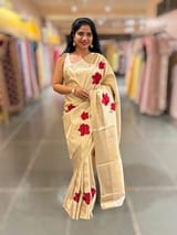Ivory Kanjeevaram Brocade Saree With Hibiscus Floral bunches embroidery SS50195