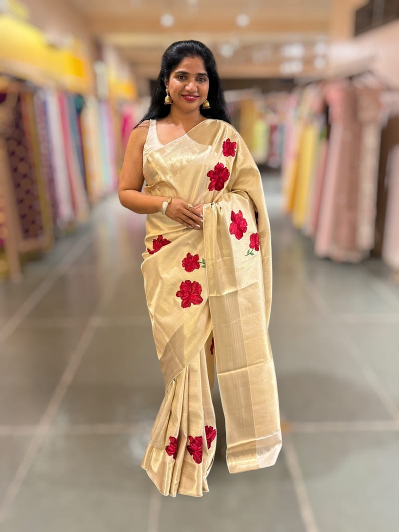 Ivory Kanjeevaram Brocade Saree With Hibiscus Floral bunches embroidery SS50195