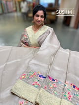 Muted Earthy Dove tone Organza Banarasi Fusion Saree with Bird Appliqué