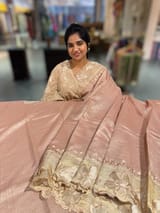 Nude/ Dusty Pink Mul Tissue Stripes Saree With Tissue Cutwork  Border & Blouse
