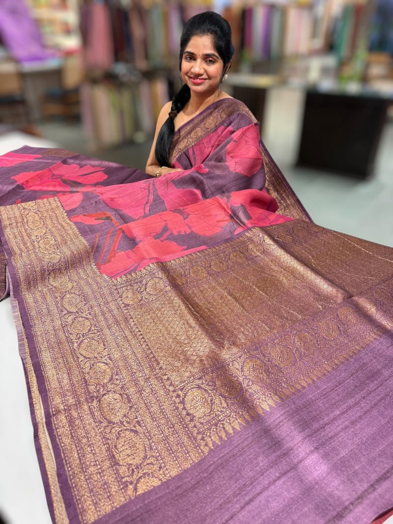 Wine Printed Tussar Tissue Saree SS50453