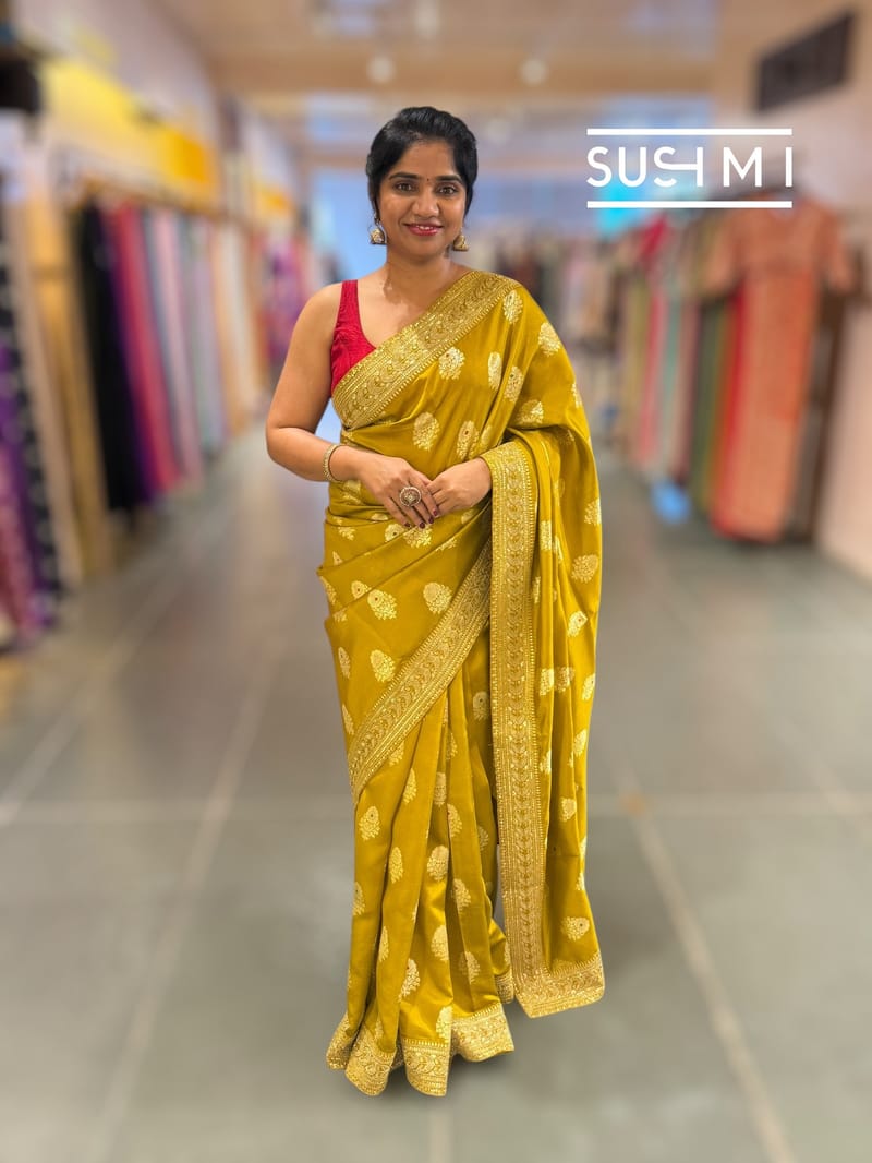 Olive Gold Pink Designer Banarasi Silk Saree
