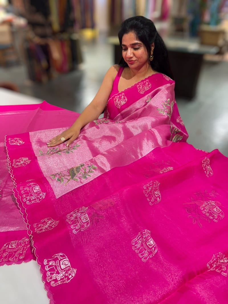 Rani pink Premium Handloom Designer Tissue saree with exquisite embroidery