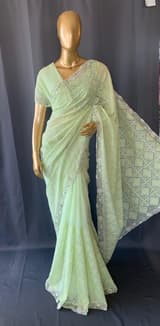 Sea Green Georgette saree with allover Chikankari