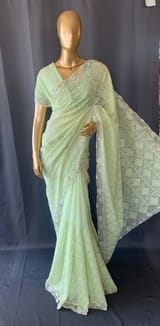 Sea Green Georgette saree with allover Chikankari