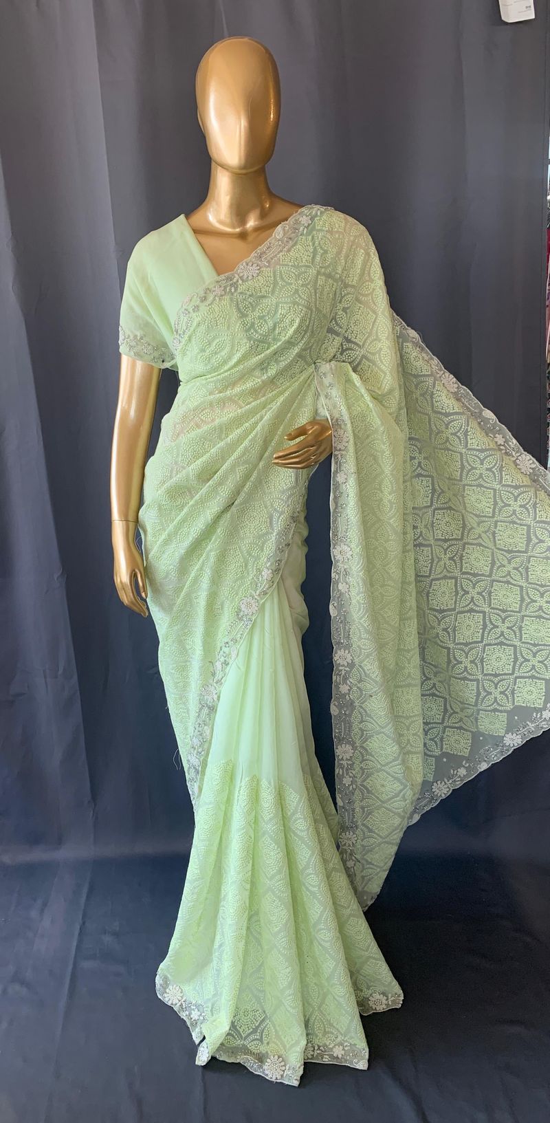Sea Green Georgette saree with allover Chikankari