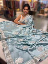 Dusty Blue Pure Satin Saree with Embroidery. SS5030
