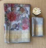 Dusty Blue Pure Handloom Chiniya Silk Saree with stunning Floral Print and zari borders SS50103