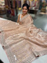 Pale Pink Pure Handloom Tissue checks Saree with sabyasachi borders