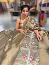Mehendi Pure Tissue Saree with embroidered border