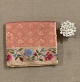 Coral Peach Kanchi Tissue Brocade Saree With jamdani inspired embroidery. SS50197