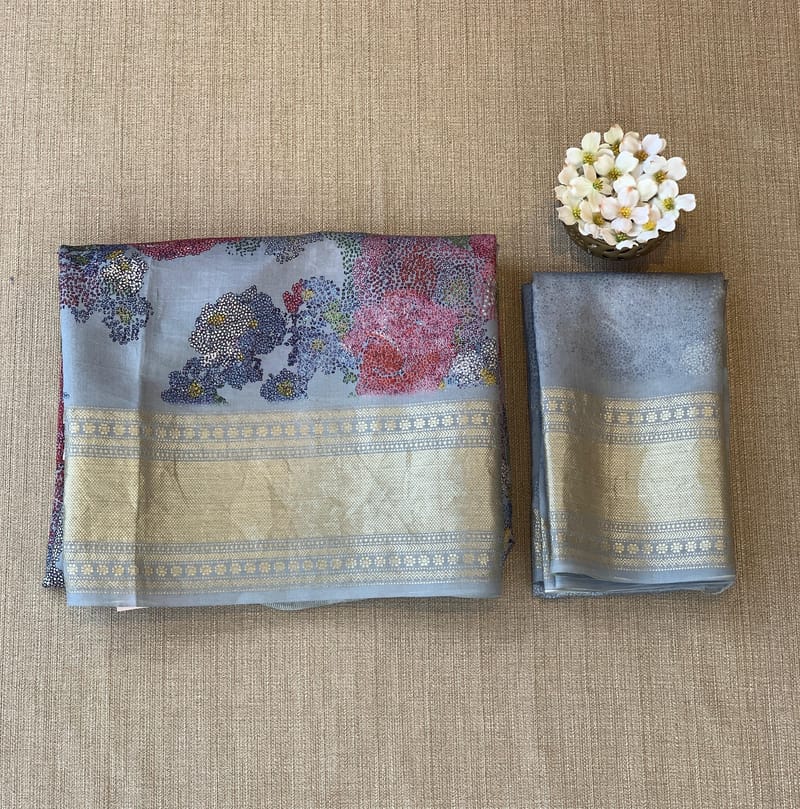 Dusty Blue Pure Handloom Chiniya Silk Saree with stunning Floral Print and zari borders SS50103