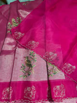 Rani pink Premium Handloom Designer Tissue saree with exquisite embroidery