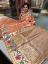 Coral Peach Kanchi Tissue Brocade Saree With jamdani inspired embroidery. SS50197