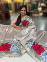 Silver Kanchi Brocade Tissue Saree with Statement Floral Embroidered Roses SS50142
