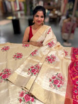 Ivory kanchi vintage checks soft silk saree with petite point embroidery SS50129