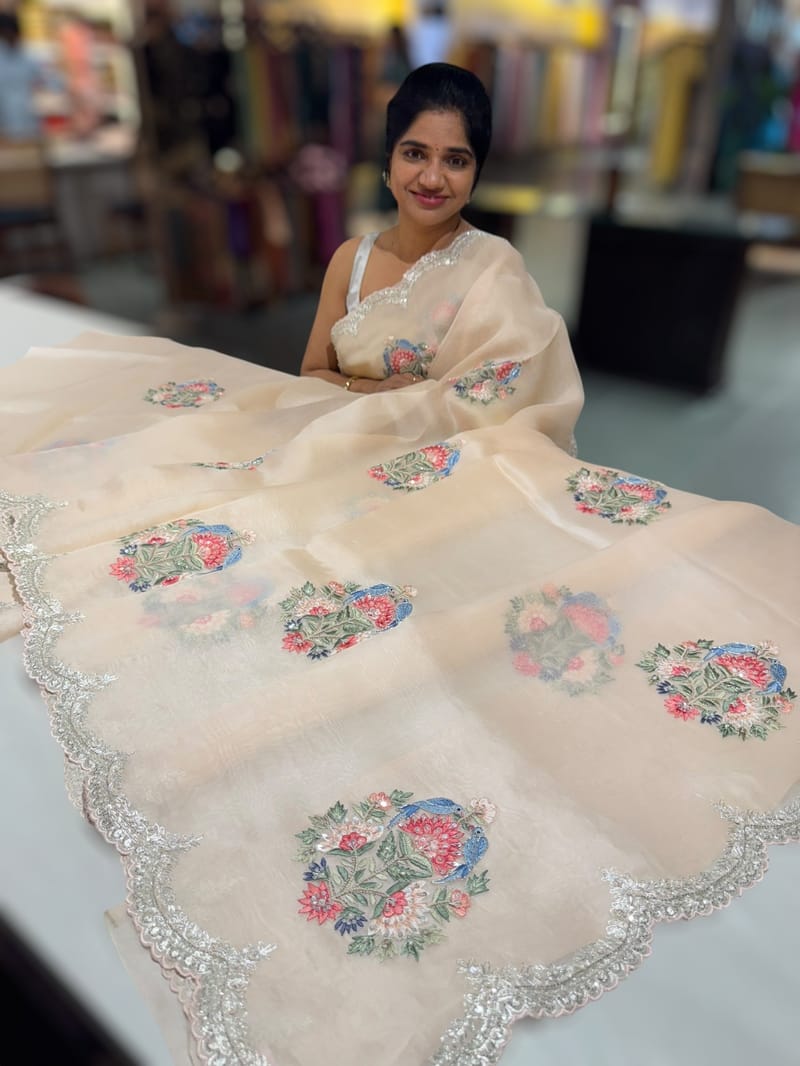 Nude Pink pure Organza handwork saree SS50287