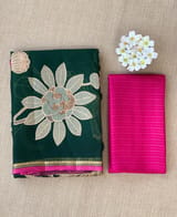 Bottle Green Designer Organza with Tissue applique work
