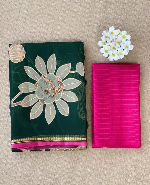 Bottle Green Designer Organza with Tissue Applique Work