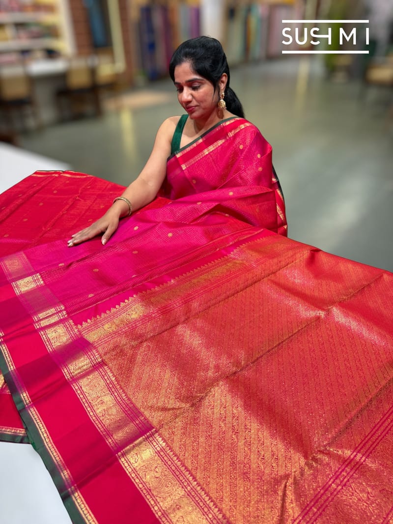 Rani Pink Vaira Oosi Checks Vintage kanjeevaram Saree