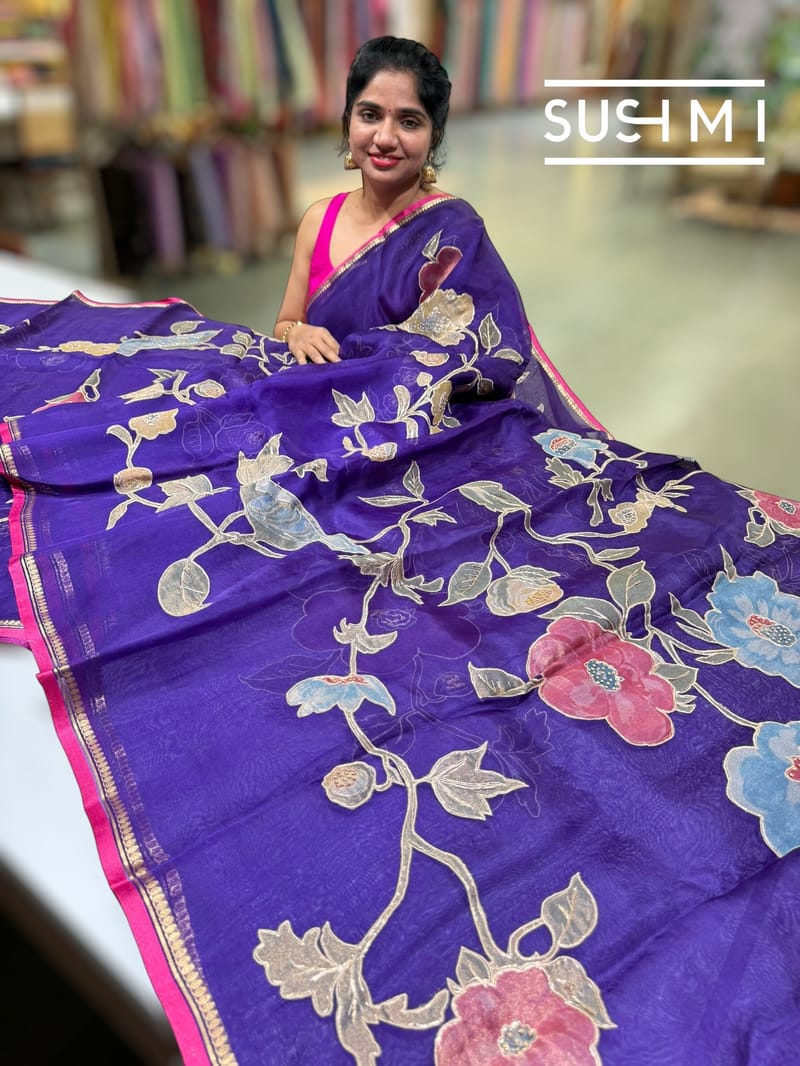 Purple Designer Organza with Tissue applique work : S62F097
