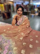 Brownish Peach Banarasi Tissue Gorgette Saree With Petite Point Embroidered Border. SS50435