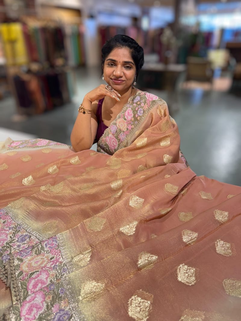 Brownish Peach Banarasi Tissue Gorgette Saree With Petite Point Embroidered Border. SS50435
