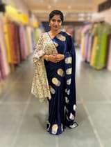 Midnight Blue Pure Satin Saree with embroidered border and blouse