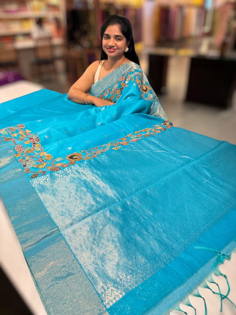 Copper sulphate chanderi silk saree with kalamkari applique border SS50531