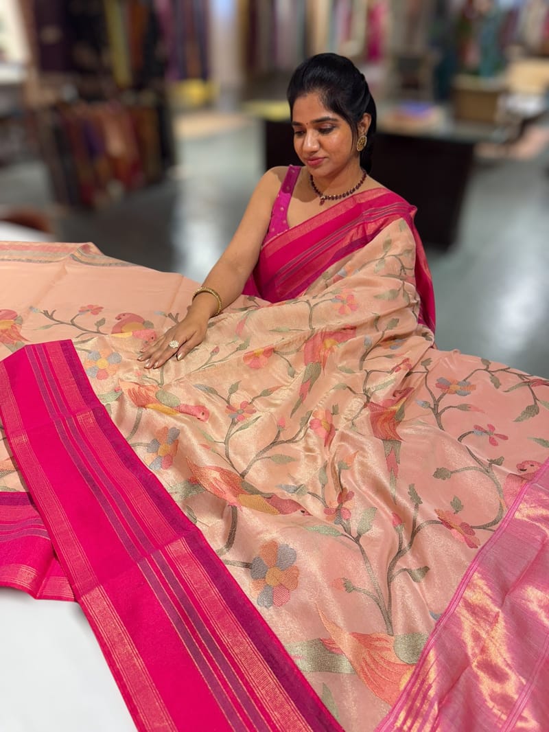 Nude Pink Tissue Gorgette Fusion Saree with vidarbha Borders