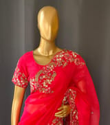 Bright Pink Pure Organza Handwork saree