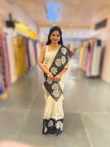 silver Banarasi Tissue saree with organza applique work border
